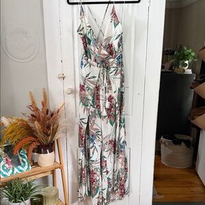 Floral Wrap Jumpsuot Dress in Cream with Pink & Green